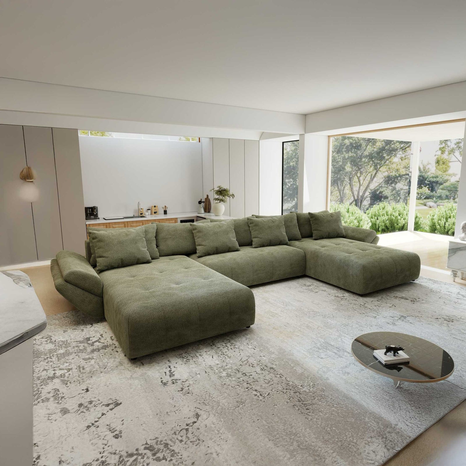 Colțar extensibil dumonde cu ladă de depozitare si sezut confortabil din spuma high-density, Berlin U Vibe Olive 38 380x180 cm