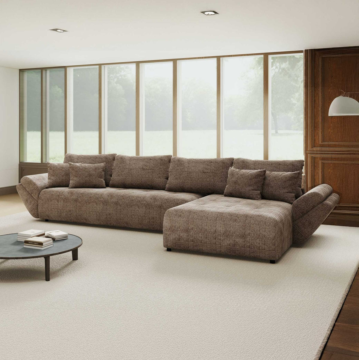 Colțar extensibil dumonde cu ladă de depozitare si sezut confortabil din spuma high-density, Berlin XL Cremona Maro-bej 24 II 350x185 cm
