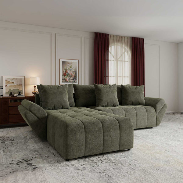 Colțar extensibil dumonde cu ladă de depozitare si sezut confortabil din spuma high-density, Berlin Vibe Olive 38 280x185 cm