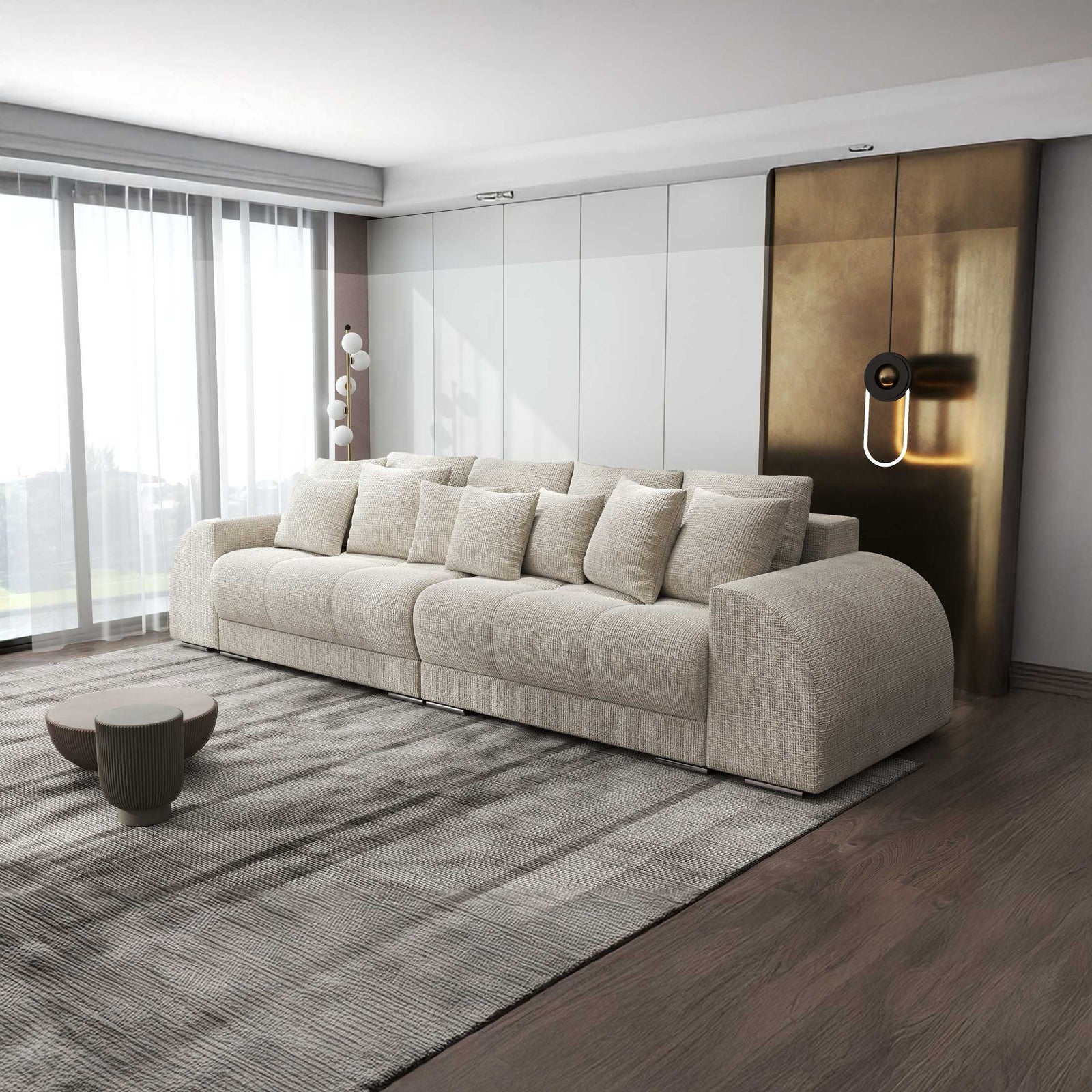 Canapea extensibilă dumonde cu 2 lăzi de depozitare si sezut confortabil din spuma high-density, Verona Cremona Gri Deschis 02 310x100 cm