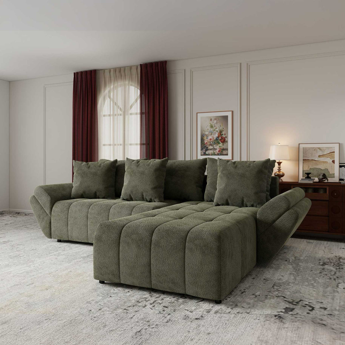 Colțar extensibil dumonde cu ladă de depozitare si sezut confortabil din spuma high-density, Berlin Vibe Olive 38 II 280x185 cm
