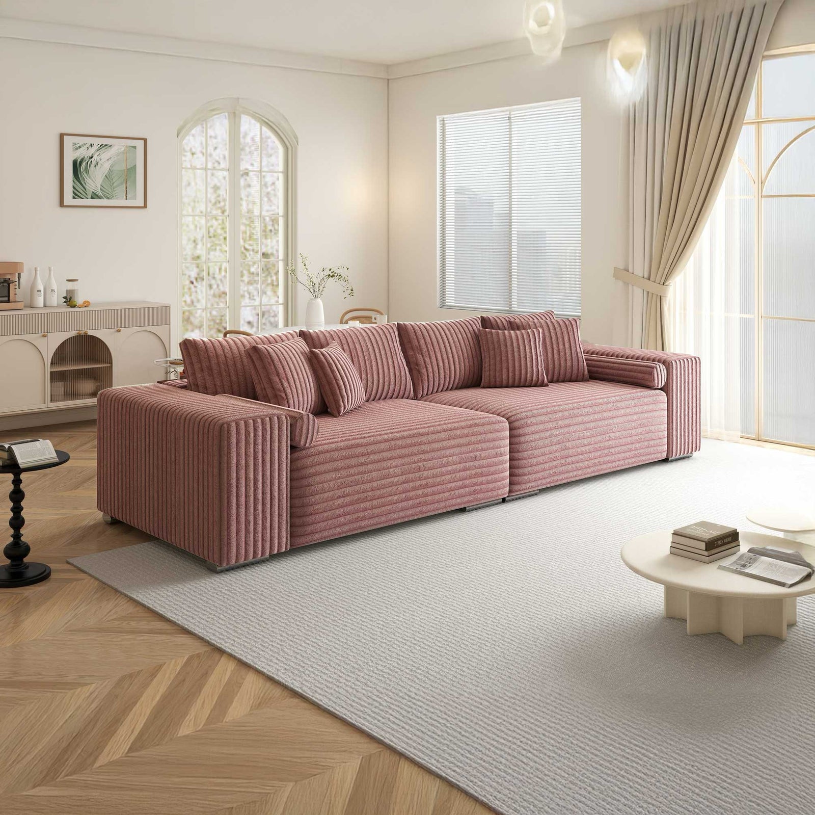 Canapea extensibilă dumonde cu ladă de depozitare si sezut confortabil din spuma high-density, Marbela XXL Tilia Roz Pudrat 62 290x100 cm