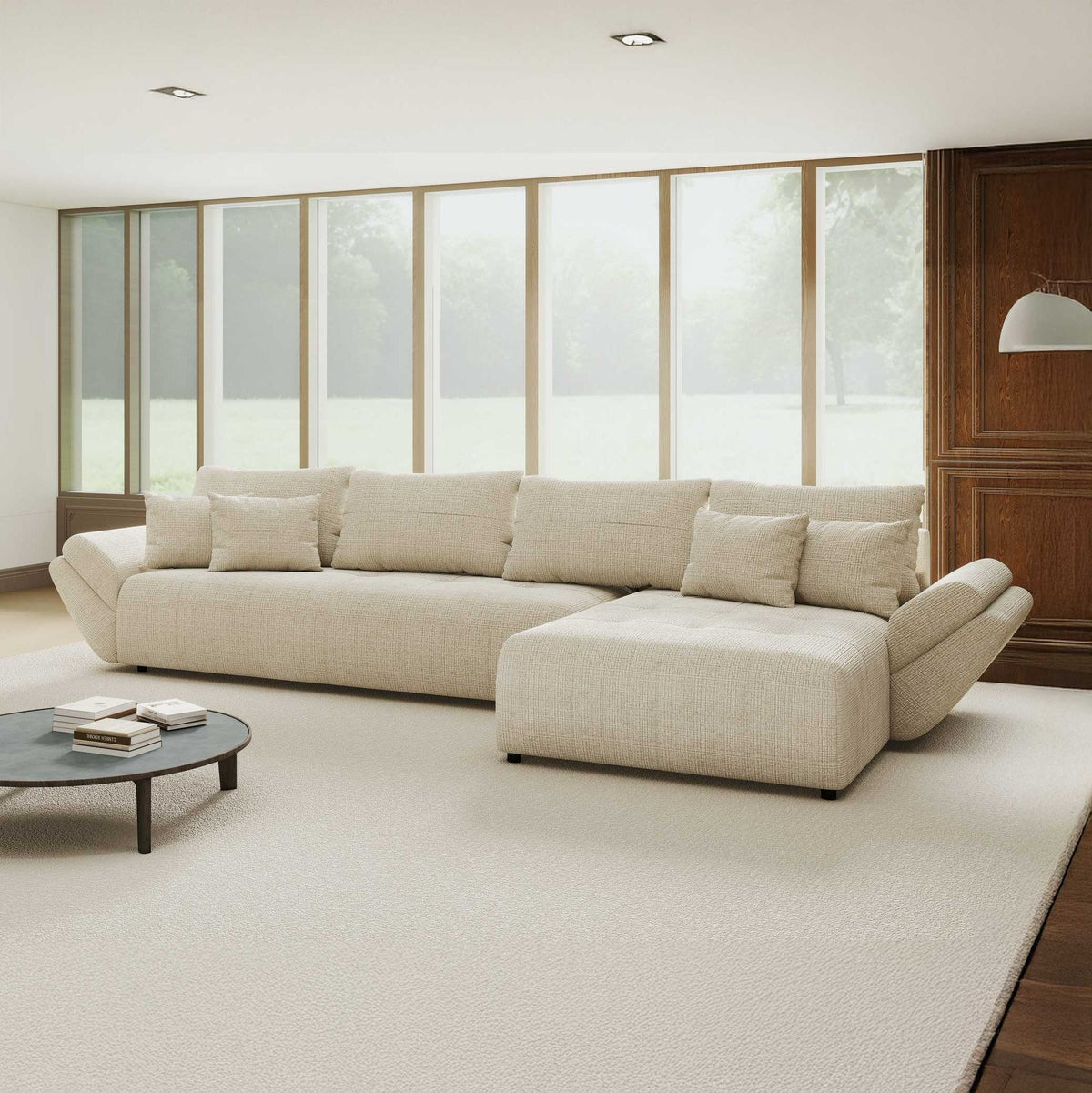 Colțar extensibil dumonde cu ladă de depozitare si sezut confortabil din spuma high-density, Berlin XL Cremona Gri 2 II 350x185 cm