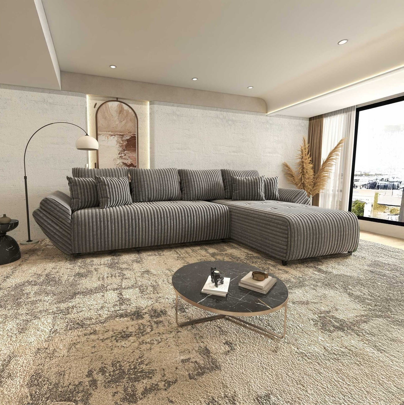 Colțar extensibil dumonde cu ladă de depozitare si sezut confortabil din spuma high-density, Berlin XL Tilia Gri 90 II 350x185 cm