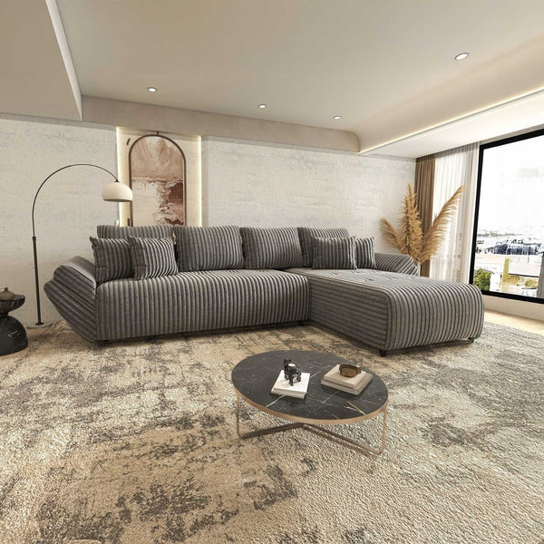 Colțar extensibil dumonde cu ladă de depozitare si sezut confortabil din spuma high-density, Berlin XL Tilia Gri 90 II 350x185 cm