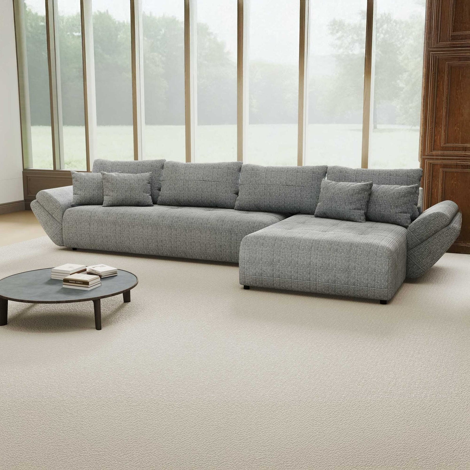 Colțar extensibil dumonde cu ladă de depozitare si sezut confortabil din spuma high-density, Berlin XL Cremona Gri 85 II 350x185 cm