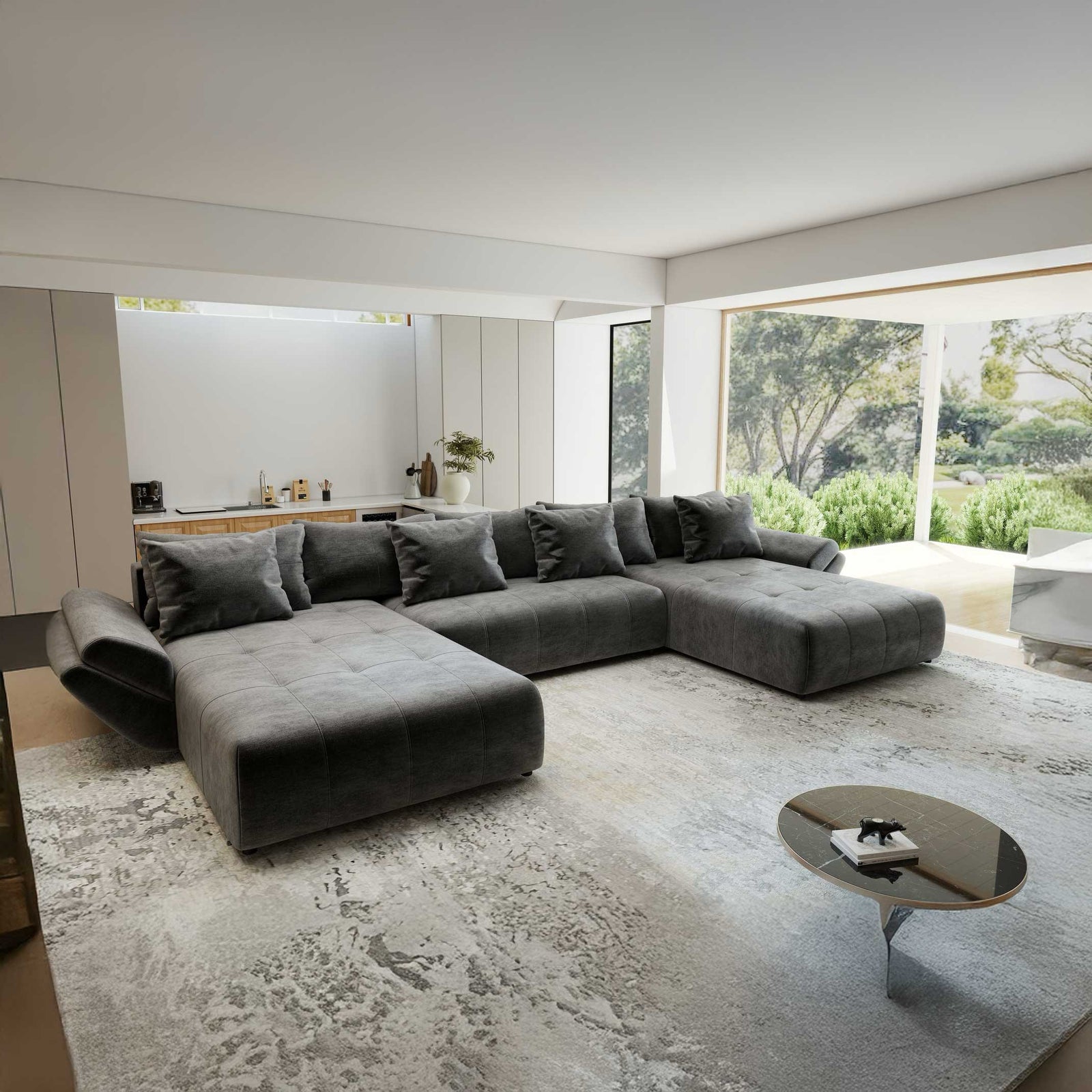 Colțar extensibil dumonde cu ladă de depozitare si sezut confortabil din spuma high-density, Berlin U Monolith Gri Antracit 97 380x180 cm