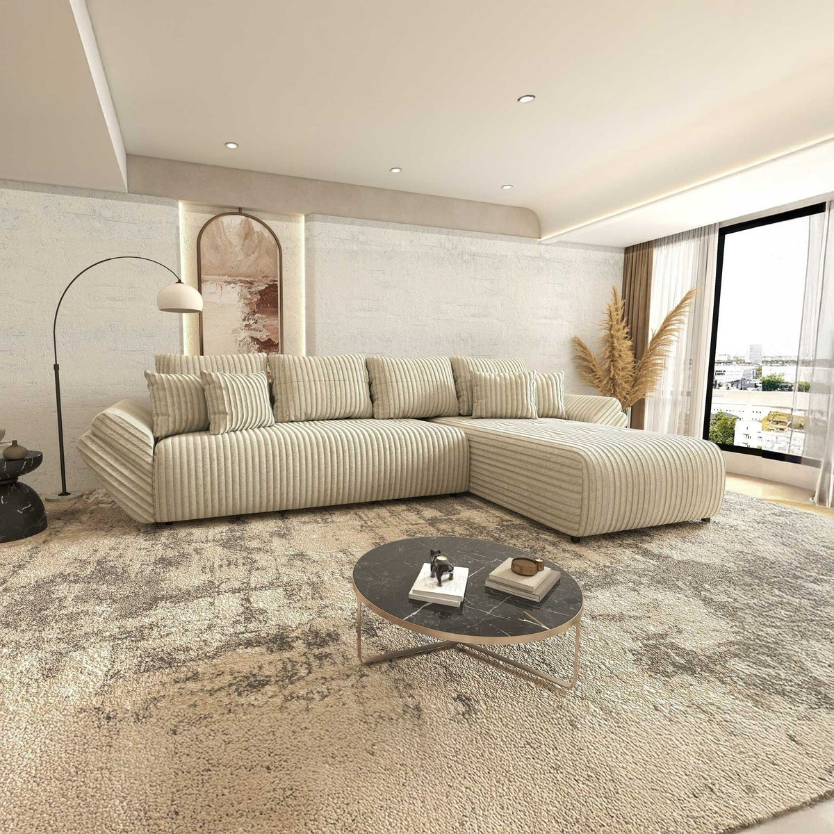 Colțar extensibil dumonde cu ladă de depozitare si sezut confortabil din spuma high-density, Berlin XL Tilia Bej 08 II 350x185 cm