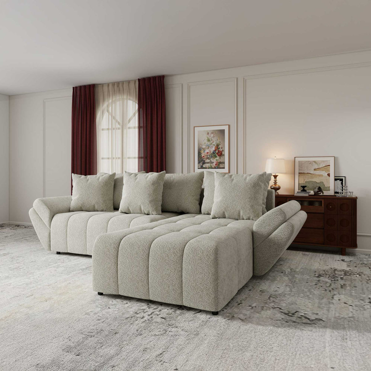 Colțar extensibil dumonde cu ladă de depozitare si sezut confortabil din spuma high-density, Berlin Arena Bej 20 II 280x185 cm
