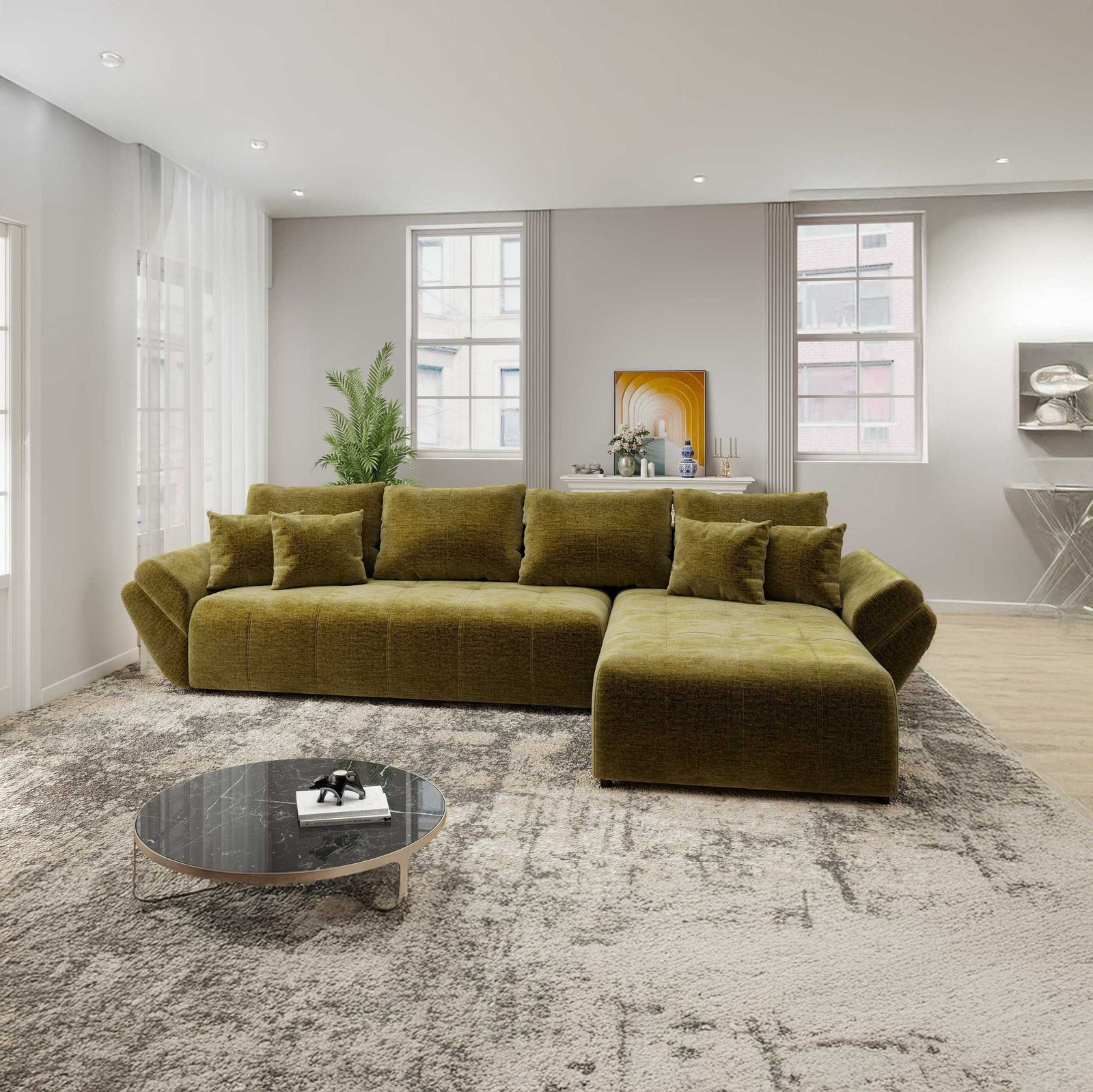 Colțar extensibil dumonde cu ladă de depozitare si sezut confortabil din spuma high-density, Berlin XL Monolith Verde Olive 38 II 350x185 cm