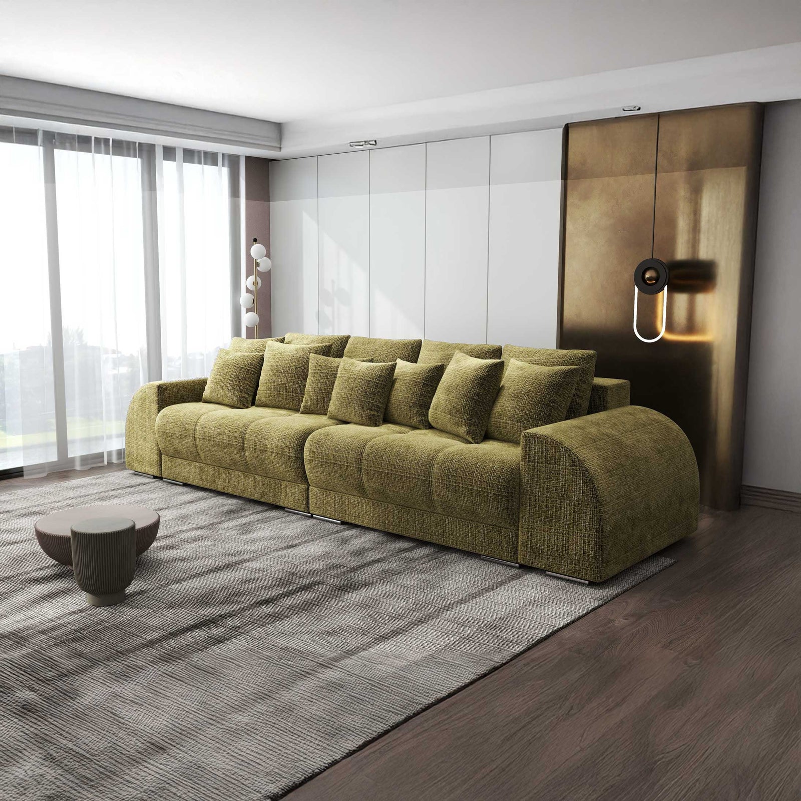 Canapea extensibilă dumonde cu 2 lăzi de depozitare si sezut confortabil din spuma high-density, Verona Cremona Olive 38 310x100 cm