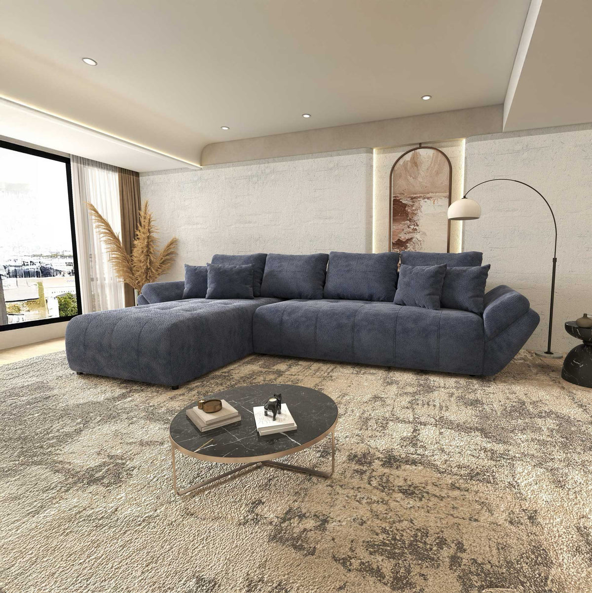 Colțar extensibil dumonde cu ladă de depozitare si sezut confortabil din spuma high-density, Berlin XL Vibe Albastru 79 350x185 cm