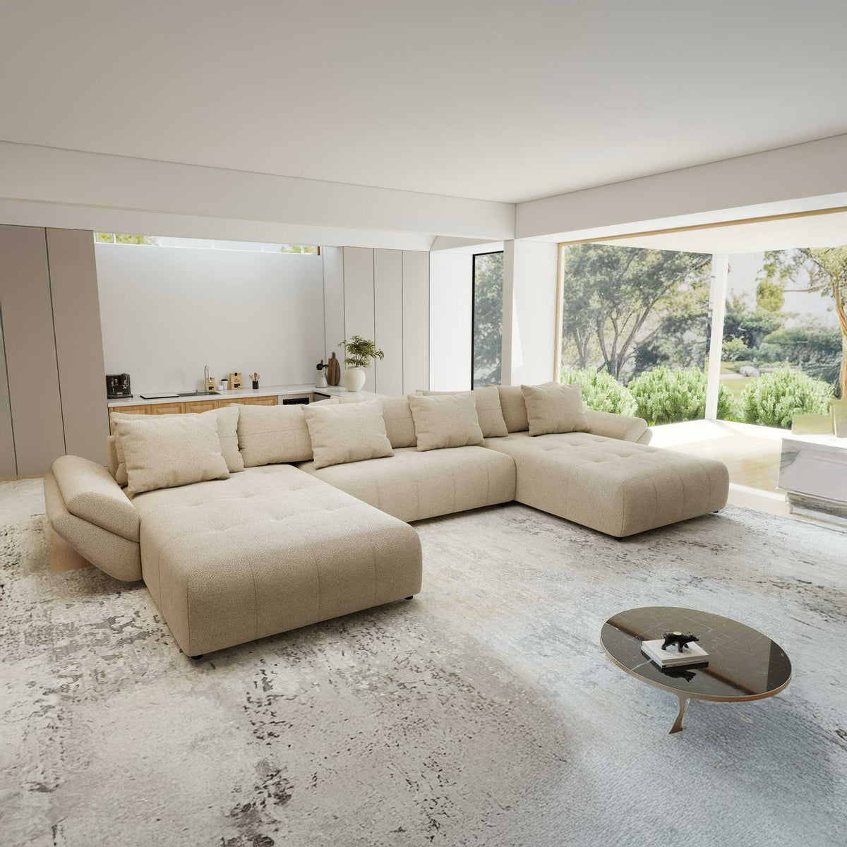 Colțar extensibil dumonde cu ladă de depozitare si sezut confortabil din spuma high-density, Berlin U Quelle Bej 05 380x180 cm