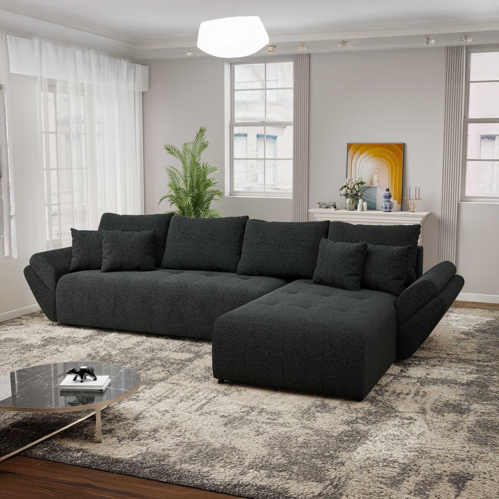 Colțar extensibil dumonde cu ladă de depozitare si sezut confortabil din spuma high-density, Berlin XL Monte Negru 99 II 350x185 cm