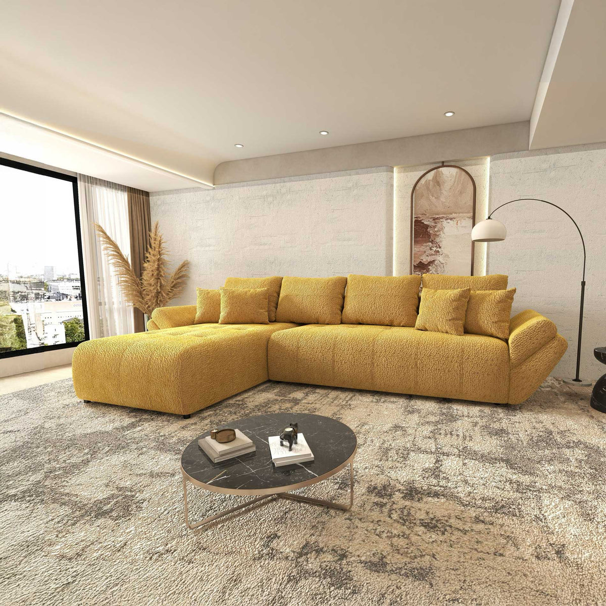 Colțar extensibil dumonde cu ladă de depozitare si sezut confortabil din spuma high-density, Berlin XL Jaguar Galben Mustar 11 350x185 cm