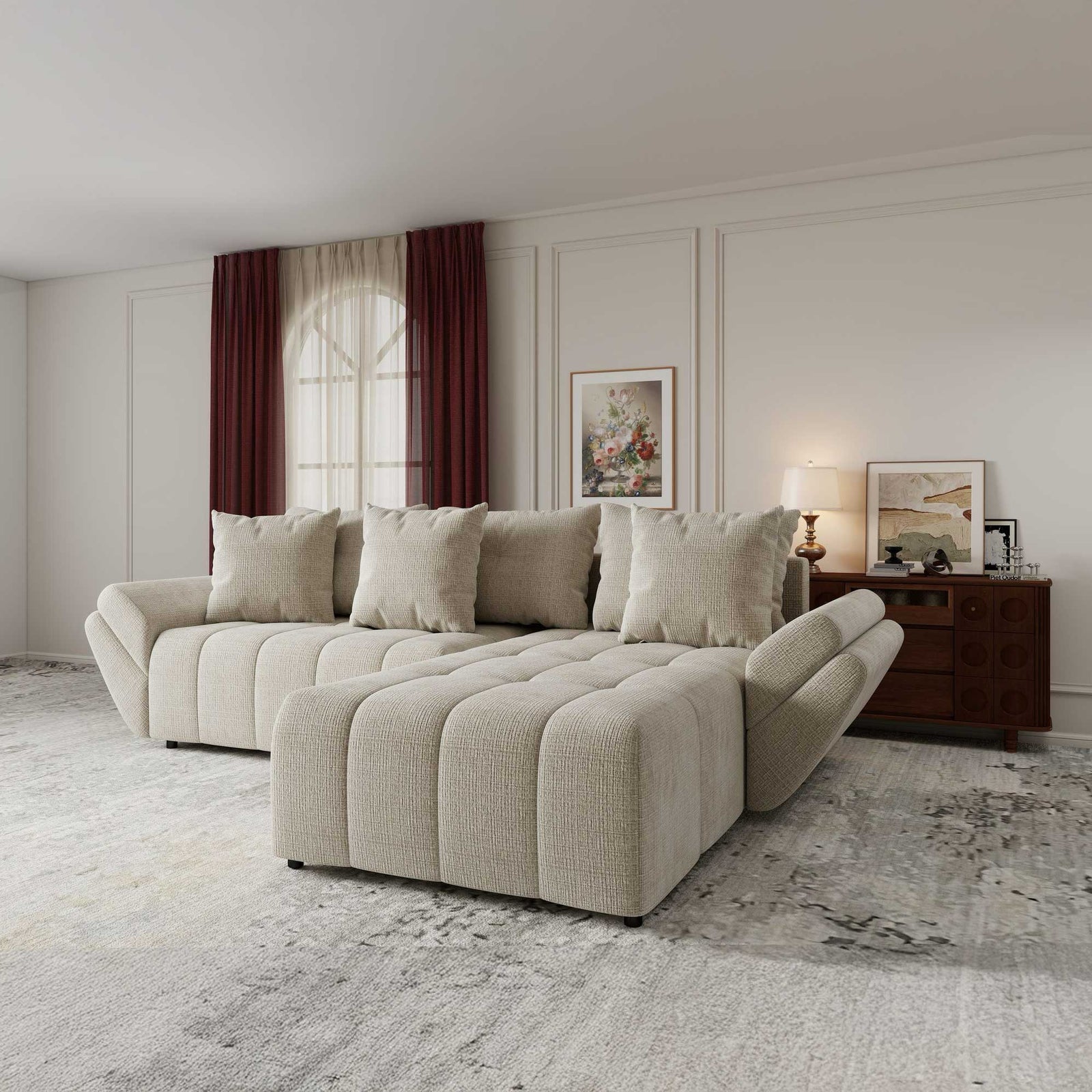 Colțar extensibil dumonde cu ladă de depozitare si sezut confortabil din spuma high-density, Berlin Cremona Gri Deschis 02 II 280x185 cm