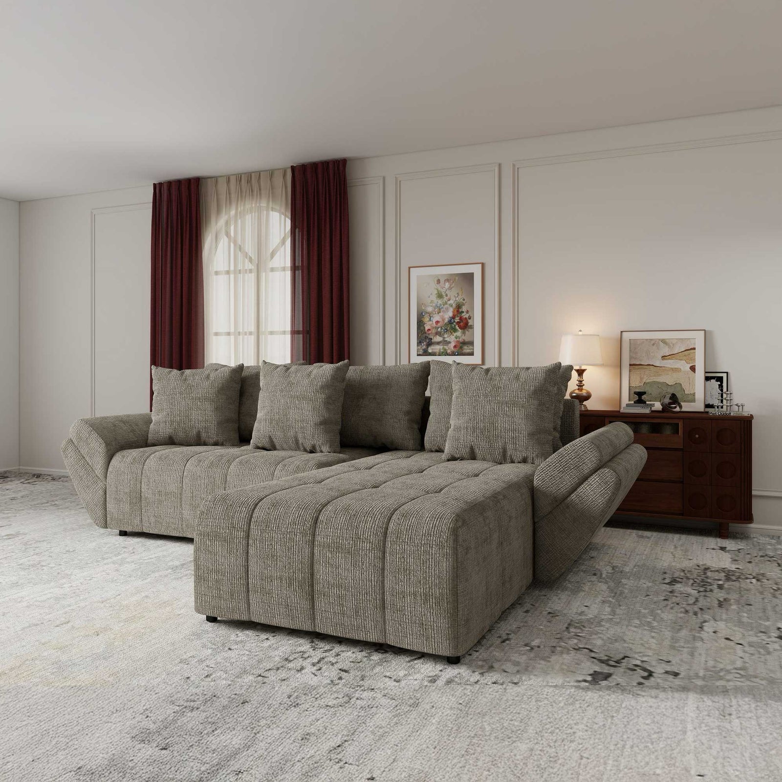 Colțar extensibil dumonde cu ladă de depozitare si sezut confortabil din spuma high-density, Berlin Cremona Bej 14 II 280x185 cm