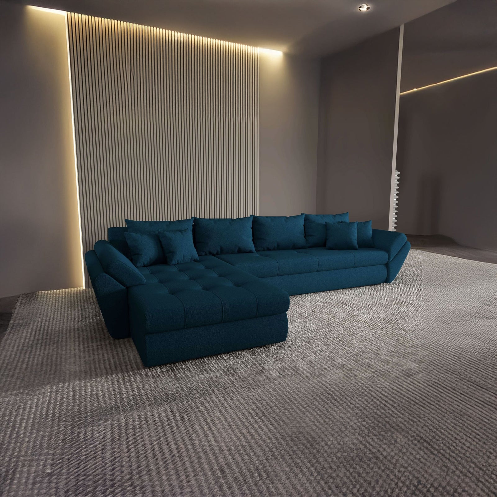 Colțar extensibil dumonde cu ladă de depozitare si sezut confortabil din spuma HR, Loana XL Enjoy Petrol 335x185 cm Fabrica