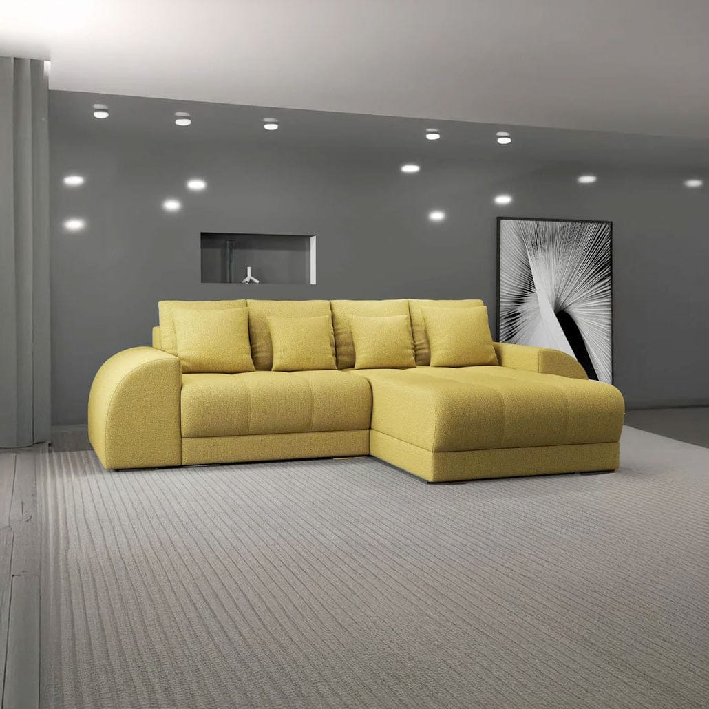 Colțar extensibil dumonde cu ladă de depozitare si sezut confortabil din spuma HR, Verona Enjoy Melon II 290x185 cm Fabrica