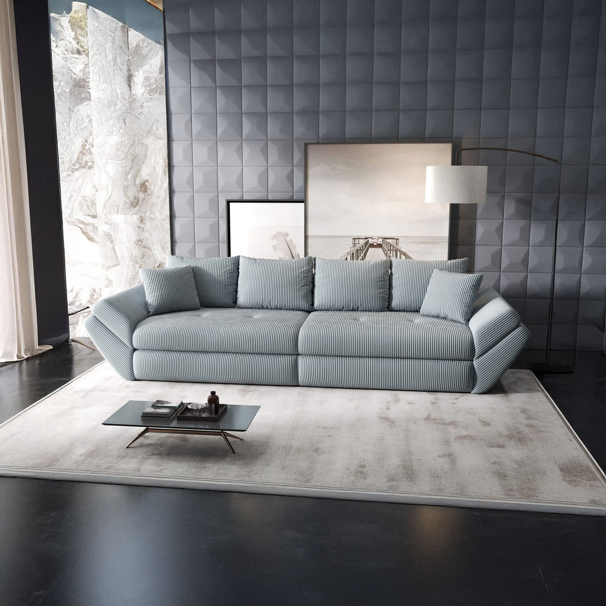 Canapea extensibilă dumonde cu ladă de depozitare si sezut confortabil din spuma HR, Loana Zoom Gri 300x100 cm Fabrica