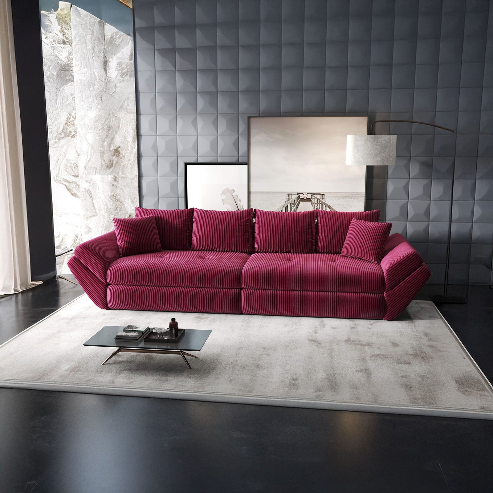 Canapea extensibilă dumonde cu ladă de depozitare si sezut confortabil din spuma HR, Loana Zoom Rosu 300x100 cm Fabrica